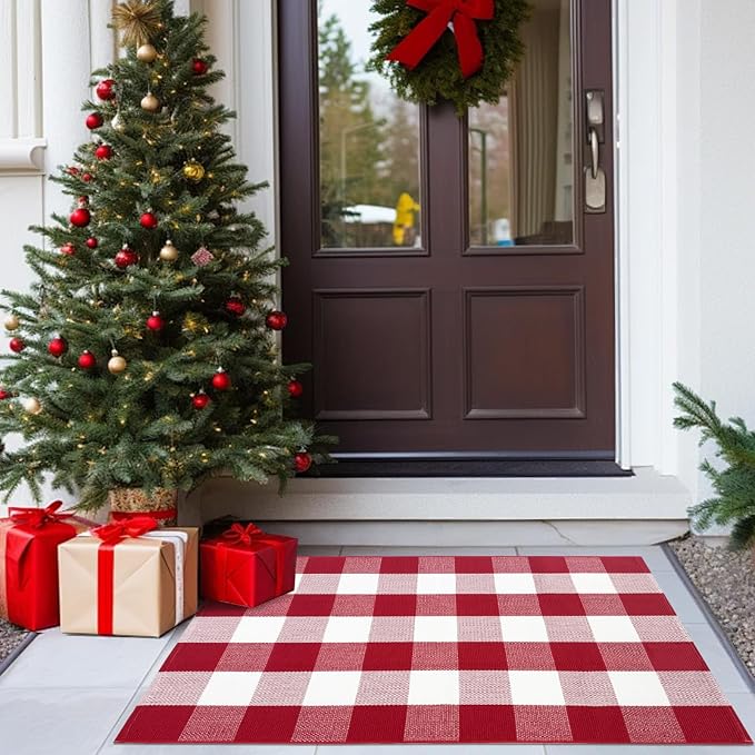 USTIDE Buffalo Plaid Rug Red & White Check Indoor/Outdoor Floor Mat 27.5"x43.3" Christmas Layering Doormat for Hello/Welcome Hand Woven Cotton Area Rug for Front Door Porch Kitchen