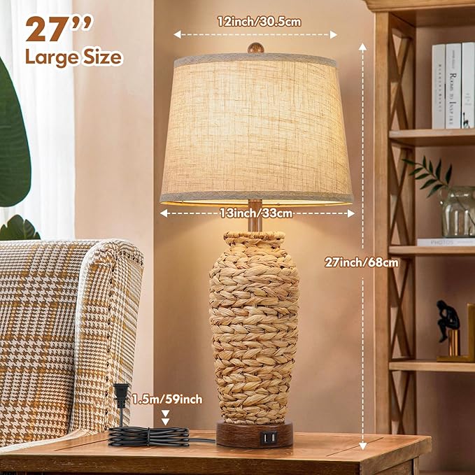Set of 2 Rattan Table Lamps, 27in Tall Boho Table Lamps with 2 USB Charging Ports, Farmhouse Rustic Woven Seagrass Bedside Lamps for Living Room Bedroom Nightstand End Table, E26 Socket, Cream Shade