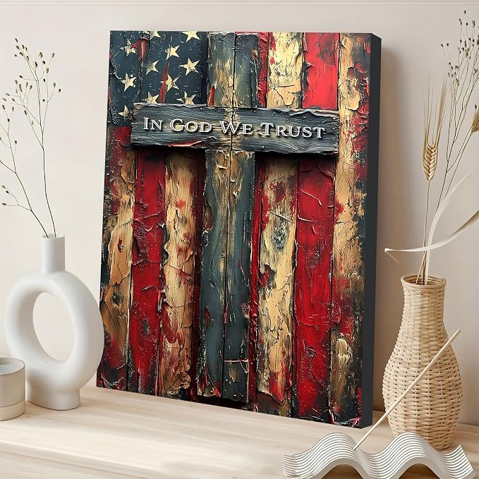 Framed Vintage Cross American Flag Wall Art, Patriotic Rustic Canvas Art Pictures, USA Flag Wall Decor, Made in USA Ready to Hang for Living Room Garage