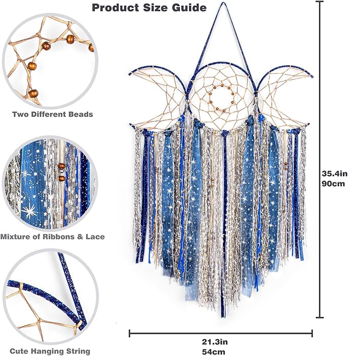 Blue Triple Moon Goddess Dream Catcher Macrame Wall Hanging, Pagan Decor