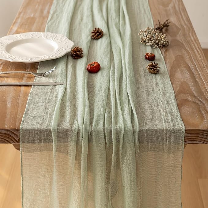 3Pcs Sage Green Cheesecloth Table Runner 120 Inches for Party Home Decor | For Wedding Baby Shower Bridal Shower Birthday Engagement Party 10FT Rustic Boho Home Decorations