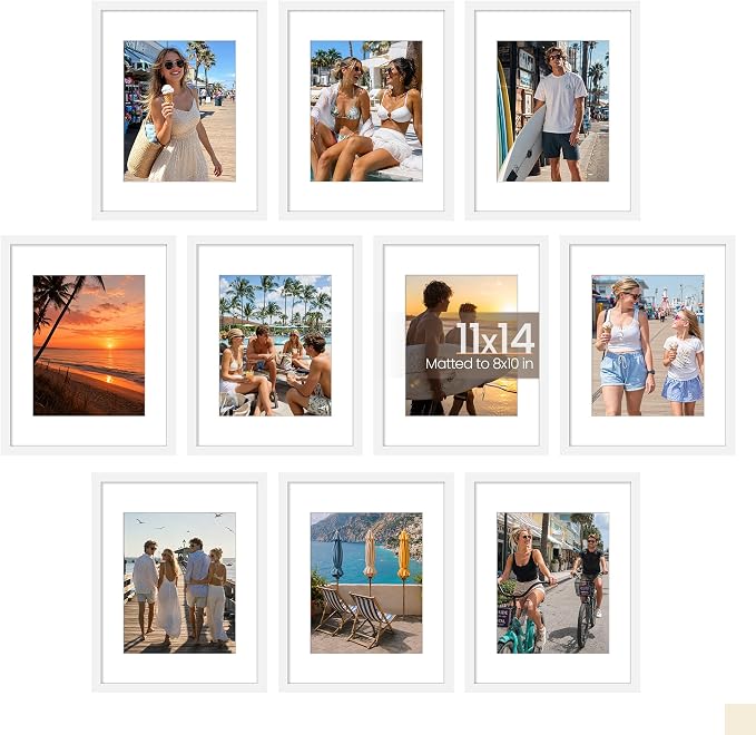 upsimples 11x14 Picture Frame Set of 10, Display Pictures 8x10 with Mat or 11x14 Without, Multi Photo Frames Collage for Wall Display, White