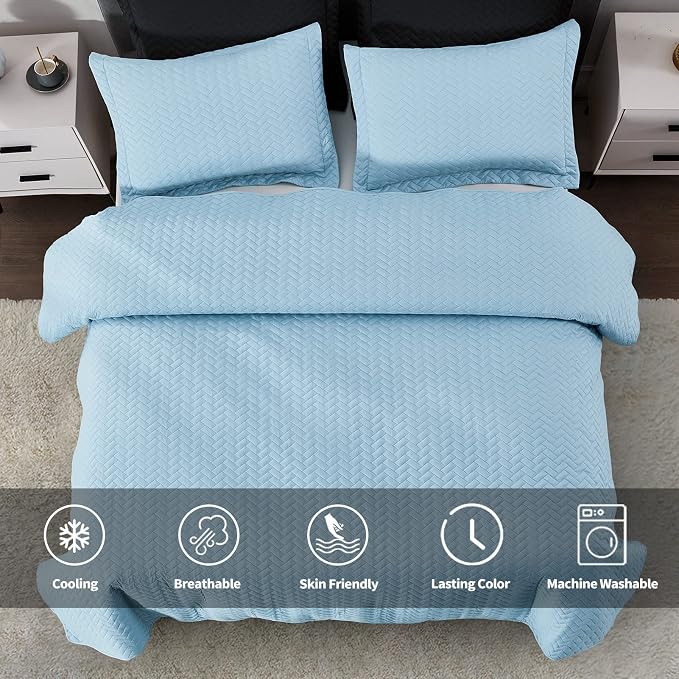 Maple&Stone Blue Quilt Set King Size, Lightweight Bedspread | Breathable Coverlet with Chevron Pattern, All-Season Dorm Bed Cover Set Bedding Decor 3 Piece