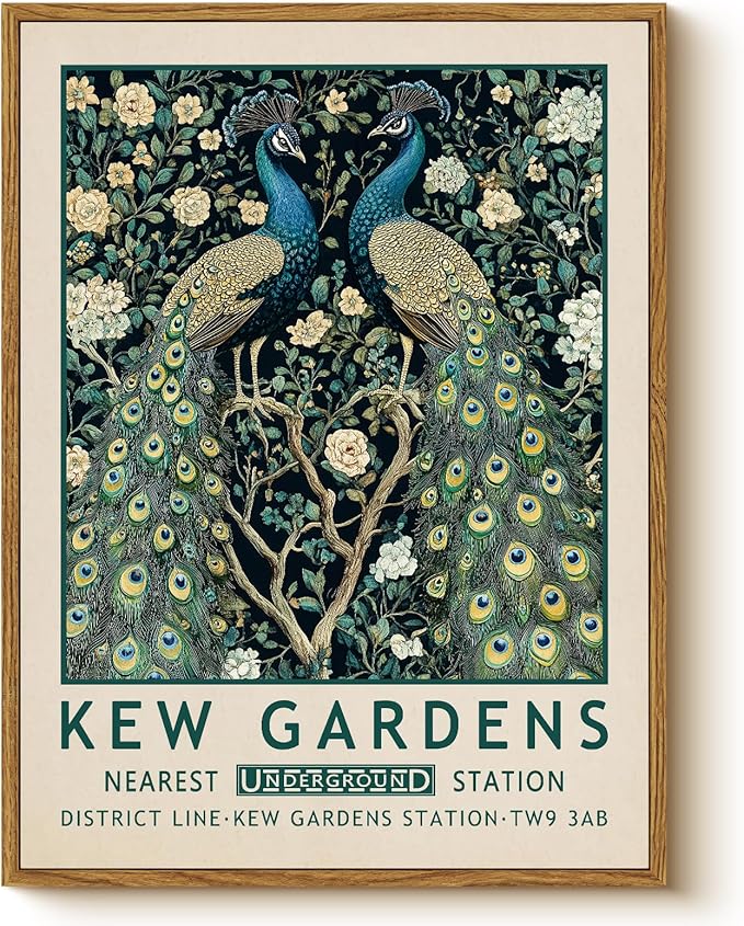 WHASAYART Vintage Peacock 12x16 Framed Canvas Wall Art Antique Painting, Kew Gardens Elegant Blue Peacocks Floral Botanical Bird Print Artwork, Retro Bathroom Bedroom Home Office Gallery Decor