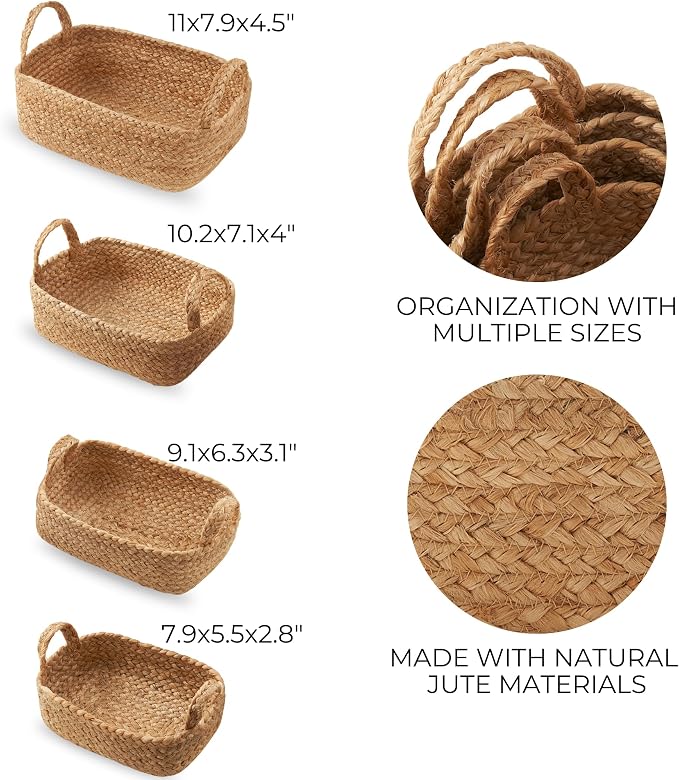Beautiful Storage Basket Set of 4 - Natural Jute Rope Baskets for Shelves | Perfect for Organizing Your Home - Quality Storage Bins Easily Fit with Any Nursery or Bedroom Decor