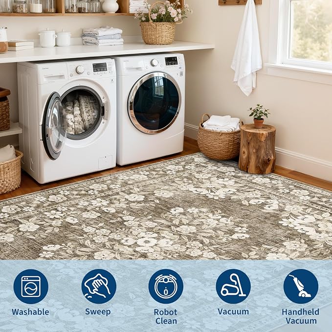GarveeHome 3x5 Area Rug for Bedroom Vintage Floral Bordered Floor Carpets | Flower Leaf Accent Mat for Dining Room Machine Washable Non-Slip Low Pile Brown Area Rug for Living Room Hallway Entryway