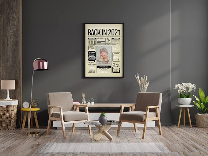 Personalized 4 year old birthday gifts - Back in 2021 Poster - Centerpiece Table Decorations 4th Birthday Party - Custom Born in 2021 Newspaper Vintage Poster for Boys, Girls