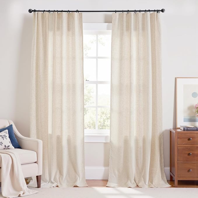 jinchan Linen Curtains Light Filtering Back Tab 60x108 Inch 2 Panels Beige | Semi Sheer Curtains 108 inch length for Bedroom Living Room, Modern Farmhouse Drapes with Rod Pocket, Natural Boho Curtains