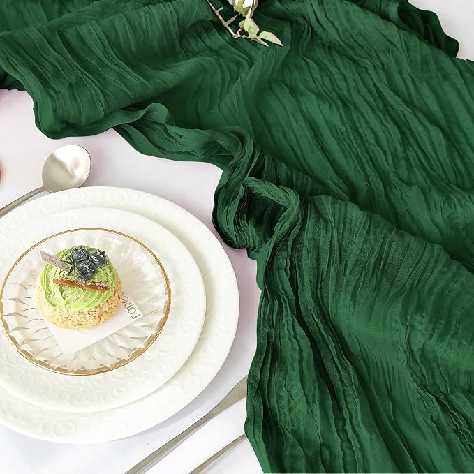 IVAPUPU Emerald Green Table Runner 120 Inch for Christmas Party Home Decor | 4 Pcs Boho Gauze 10FT Cheesecloth Table Runners for Wedding Baby Shower Decorations Summer Garden Farmhouse