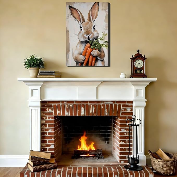 RIBNTAK Large Easter Bunny Carrot Canvas Wall Art 20x30, Framed Cute Rabbit Prints Picture for Living Room, Rustic Farmhouse Spring Wall Decor, Kids Room Holiday Easter Decoration