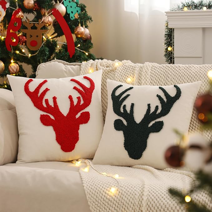 LUOYEHK Christmas Red Reindeer Pillow Covers 18x18 Set of 2 Farmhouse Rustic Throw Pillows Winter Holiday Merry Christmas Cushion Covers for Couch Sofa Bed