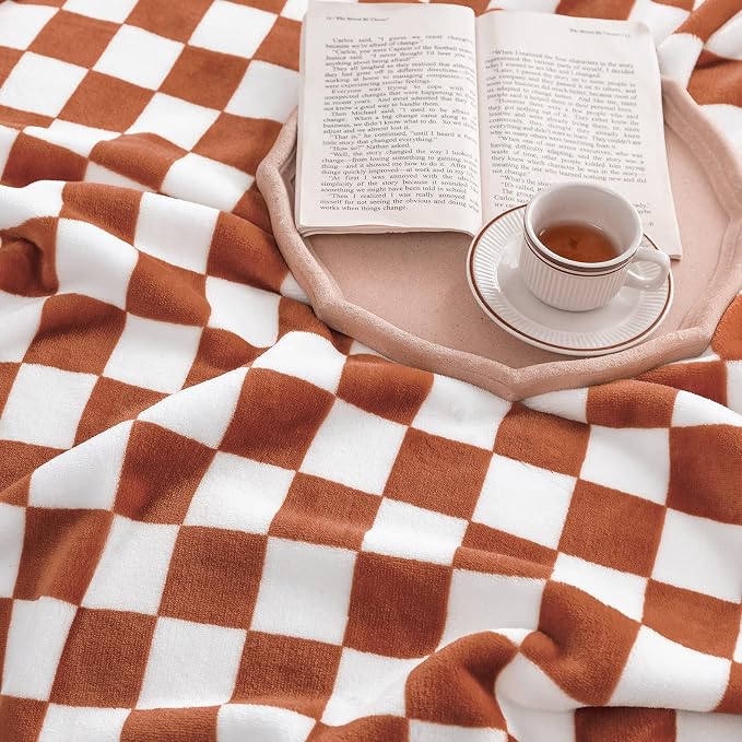 LOMAO Throw Blankets Flannel Blanket with Checkerboard Grid Pattern Soft Throw Blanket for Couch, Bed, Sofa Luxurious Warm and Cozy for All Seasons (Maple Brown, 60"x80")