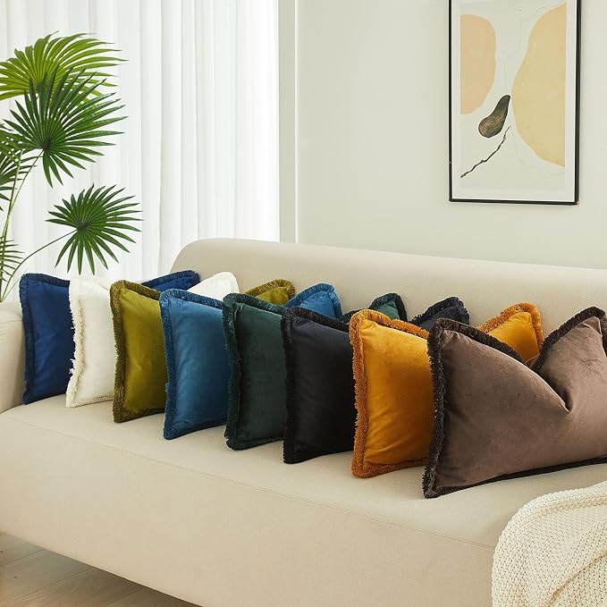 JUSPURBET Olive Green Decorative Lumbar Velvet Fringe Throw Pillow Covers 12x20 Set of 2 Boho Soft Cushion Case for Home Decor Living Room Couch Sofa Bed