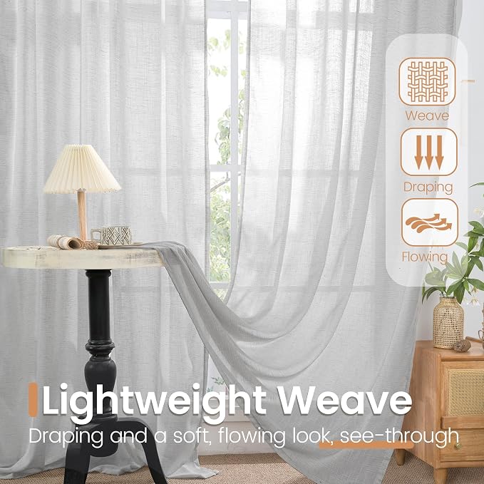 BGment Light Grey Linen Curtains 96 Inch Length for Living Room, Extra Long Window Drapes Lightweight Rustic Semi Sheer Textured for Bedroom Rod Pocket, 2 Panels Set, 52 Inch Wide