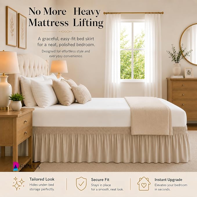 Light Camel Bed Skirt Queen Size 15" Drop, Elastic Wrap Around Bedskirt | Solid Ruffled, Easy to Use, No Mattress Lifting, Wrinkle & Fade Resistant, with Adhesive Strips, Machine Wash/Dry/Iron