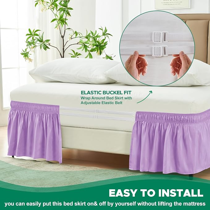 Wrap Around Bed Skirt Full Size Beds 15" Drop-Elastic Dust Ruffle Violet | Adjustable Pleated Bedskirt-Easy Fit Wrinkle Resistant Washable Bed Skirting-Hotel Studio Apartment Home Guest Bedroom Rental