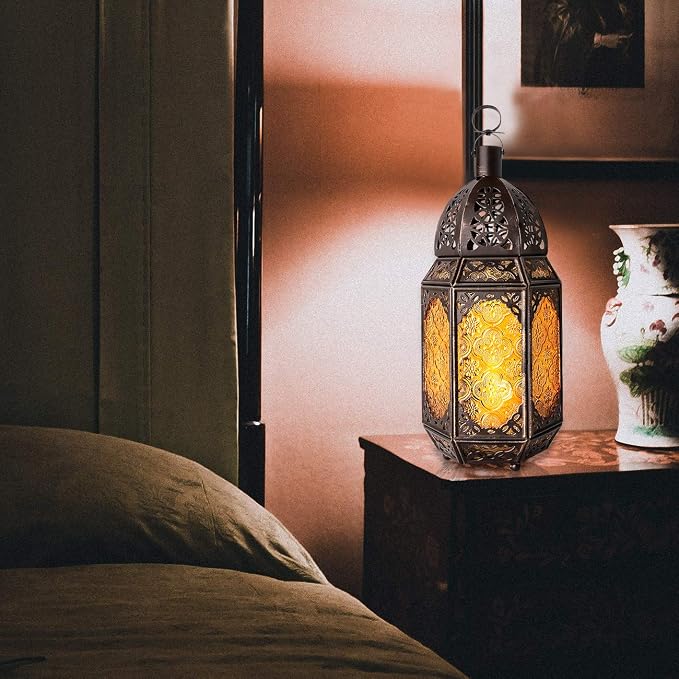 Lewondr Ramadan Lantern Decorations, Glass Moroccan Bookshelf Lantern, Gold | 12 Inch, Portable Candle Holder, Hanging or Tabletop, Metal Hollow-Out Design, Vintage Decorative, for Home Porch Patio Decor