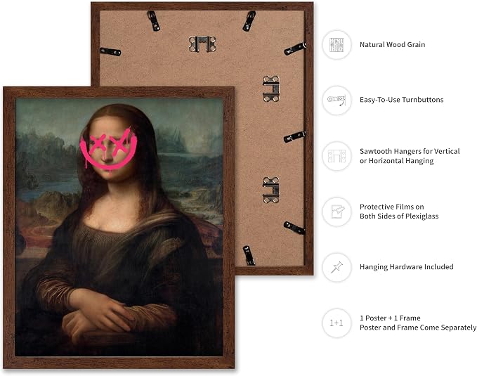 Poster Master Mona Lisa Painting Poster - Smile Face Print - Altered Art - Pop & Defaced Art - Gift for Men & Women - Minimal Decor for Office, Bedroom or Living Room, 16x20 Brown Framed