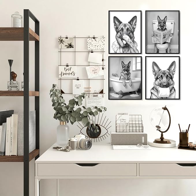 LUKIPOM Funny German Shepherd Bathroom Wall Art Prints 12x16 Set of 4, Funny German Shepherd Wall Art Posters for Washroom Restroom Decor, Dog Bathroom Decor, Unframed