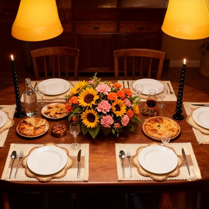 4pc Sunflower Rattan Placemat Set, Woven Boho Table Mats, Natural | 4 cotton runners (24x11") & 4 woven mats. Heat-resistant & eco-friendly. Perfect for boho, farmhouse decor & parties.