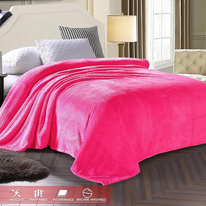 Exclusivo Mezcla Soft Waffle Fleece Bed Blanket Twin XL Size, Hot Pink | Lightweight Plush Blanket for Bed, Couch, Sofa, Cozy Fluffy Design for Bedroom, Guest Room, All Season, 90x66 Inches
