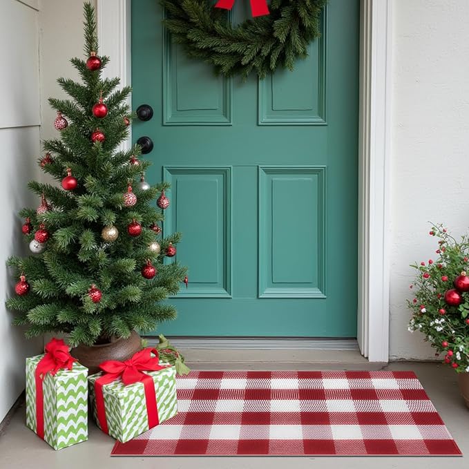 Buffalo Plaid Area Rug, Checkered Rug 3x5 Ft, Red and White Rug, Washable Cotton Mat for Front Porch, Entryway, Kitchen, Living Room, Christmas Decor