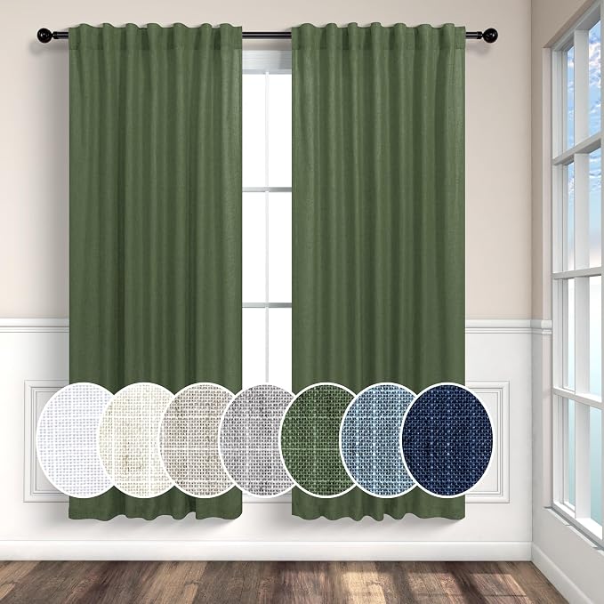 Pitalk Olive Green Curtains 63 Inch Length for Living Room 2 Panels Set Back Tab Rod Pocket Pleated Look Semi Sheer Linen Green Curtains for Bedroom Boho Decoration 52x63 in Long