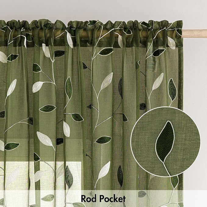 MIULEE Olive Green Sheer Curtains 2 Panels Leaf Patterned, W52 x L63 | Embroidered Floral Semi Sheer,Rod Pocket,Faux Linen,Short Window Curtains Drapes Set for Kitchen/Bathroom/Cafe