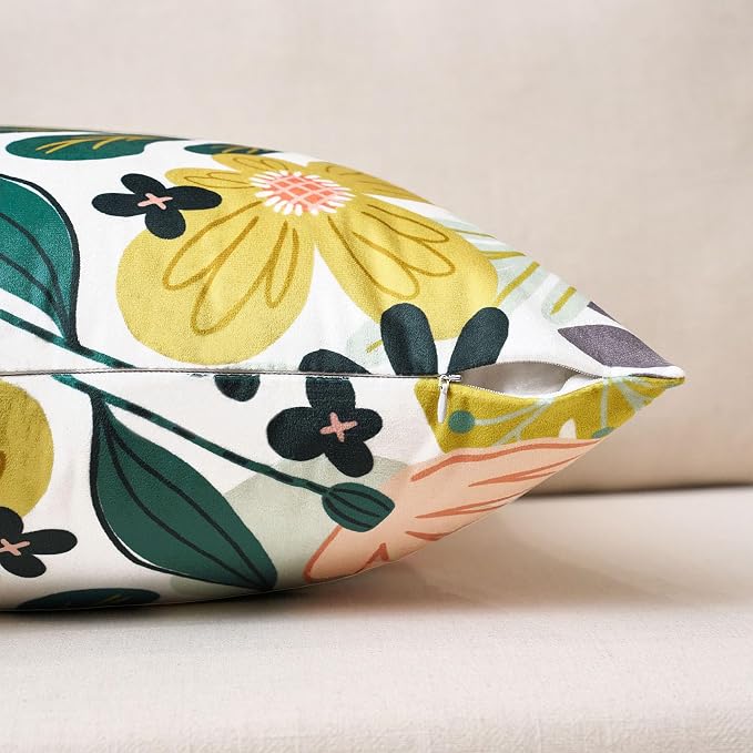 Tyrot Boho Floral Velvet Throw Pillow Covers Set of 2 Farmhouse Cushion Covers Mid Century Botanical Home Decor Accent Pillow Cases for Couch Sofa Living Room, Bedroom, 20x20 Inches