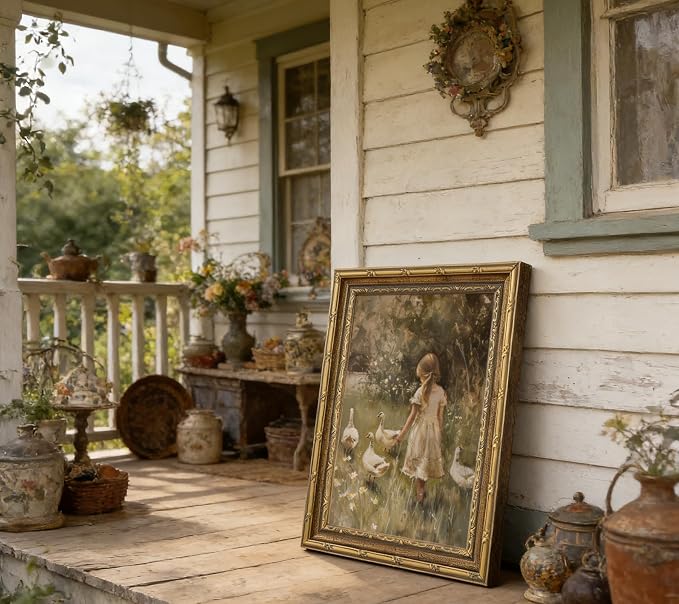 Vintage Gold Framed Canvas Wall Art Rural Goose Girl Painting Picture Cottagecore Print Poster Country Farmhouse Nature Wall Decor for Bedroom Bathroom Living Room Decoration 9x11in