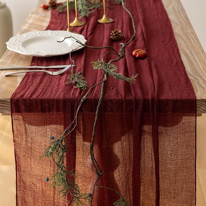 3Pcs Burgundy Cheesecloth Table Runner 120 Inches for Chirstmas Home Decor | For Wedding Baby Shower Bridal Shower Birthday Engagement Party 10FT Rustic Boho Home Decorations