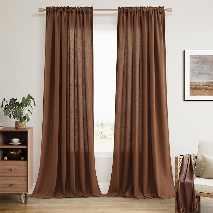 Caramel Brown Linen Curtains 108 Inches Long 2 Panel Set Rod Pocket Semi Sheer Dining Room Cozy Bedroom Decor Cotton Look Country Rustic Farmhouse Boho Curtains 52x108