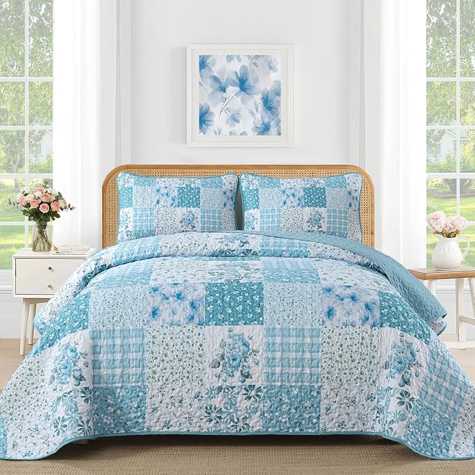 Mybedsoul Blue Patchwork King Size Quilt, Floral Reversible Bedding Set | Soft Lightweight Microfiber Coverlet Set, 3 Pieces Plaid Bedspread, Bed Sets for All Seasons 90"x110"