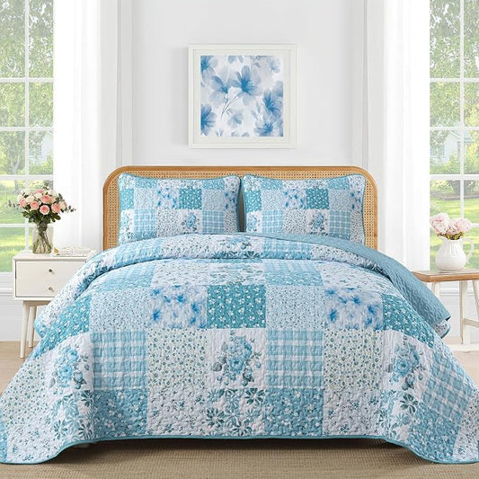 Mybedsoul Blue Patchwork King Size Quilt, Floral Reversible Bedding Set | Soft Lightweight Microfiber Coverlet Set, 3 Pieces Plaid Bedspread, Bed Sets for All Seasons 90"x110"
