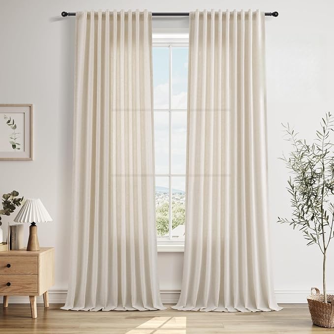 Extra Long Linen Curtains 108 Inches for Living Room Back Tab Semi Sheer High Floor to Ceiling 9ft Light Filtering Curtain Boho Farmhouse Decor Window Drapes for Bedroom 2 Panels Beige Cream