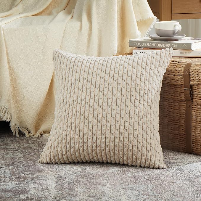 Fancy Homi 2 Packs Tan Decorative Throw Pillow Covers 22x22 Inch for Couch Bed Sofa, Modern Farmhouse Boho Home Decor, Soft Cute Plush Corduroy Cushion Case 55x55 CM