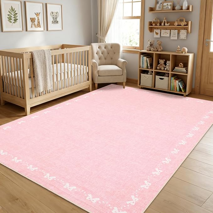 COZYLOOM 4x6 Bow Border Washable Rug for Entryway Indoor, Modern Solid Color Living Room Rug with Non Slip Backing, Stain Resistant Non Shedding Farmhouse Rugs for Bedroom, Dining Room, Nursery, Pink
