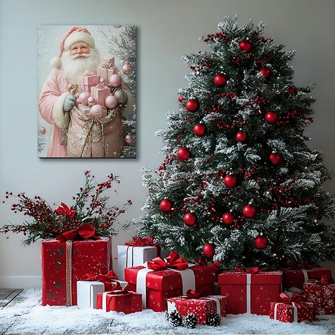 Pink Christmas Canvas Wall Art 16x24, Santa Elegant Pictures for Girls Bedroom And Festive Party Wall Decorations, Christmas Gift for Womens, Framed Painting Ready to Hang