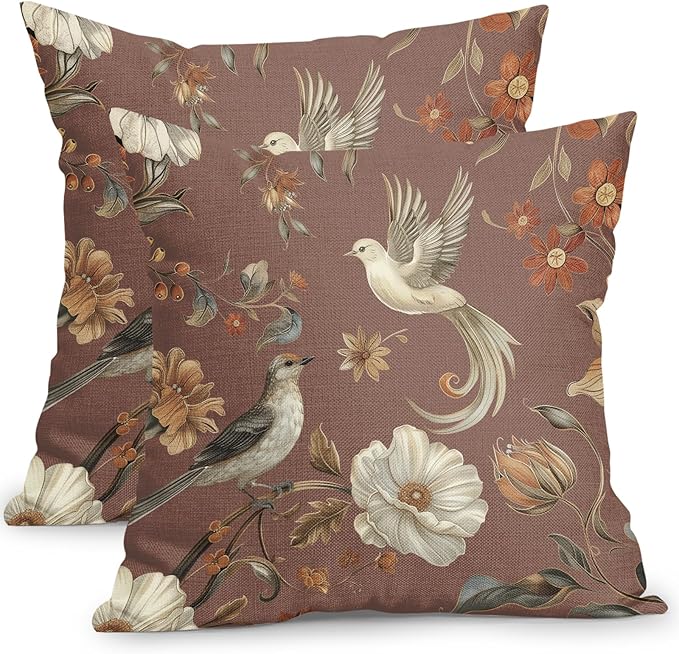 Kawani Vintage Floral Pillow Covers 18x18 Inch Set of 2 Brown Chinoiserie Flower and Bird Outdoor Decorative Throw Pillows Retro Rustic Pillowcases Farmhouse Cushion Covers for Couch Home Decor