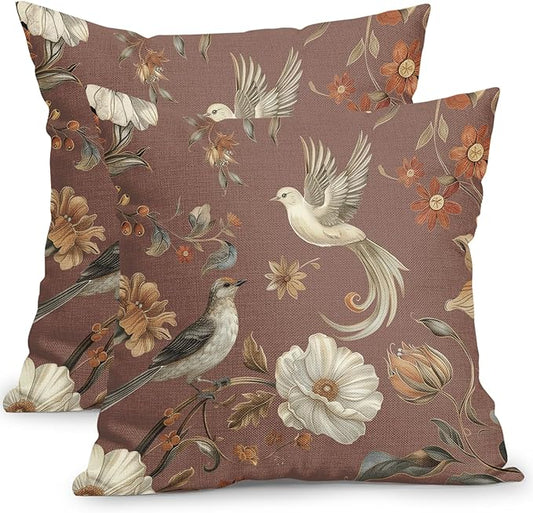 Kawani Vintage Floral Pillow Covers 18x18 Inch Set of 2 Brown Chinoiserie Flower and Bird Outdoor Decorative Throw Pillows Retro Rustic Pillowcases Farmhouse Cushion Covers for Couch Home Decor