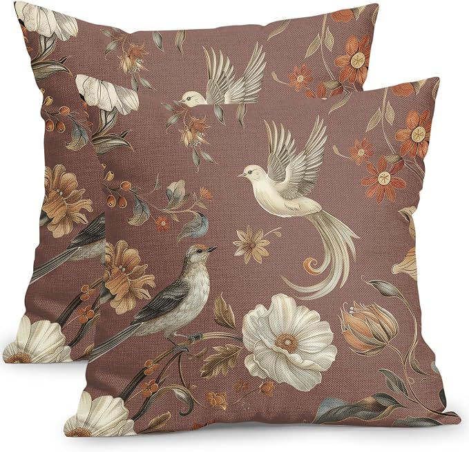 Kawani Vintage Floral Pillow Covers 16x16 Inch Set of 2 Brown Chinoiserie Flower and Bird Outdoor Decorative Throw Pillows Retro Rustic Pillowcases Farmhouse Cushion Covers for Couch Home Decor