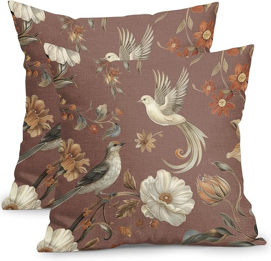 Kawani Vintage Floral Pillow Covers 20x20 Inch Set of 2 Brown Chinoiserie Flower and Bird Outdoor Decorative Throw Pillows Retro Rustic Pillowcases Farmhouse Cushion Covers for Couch Home Decor