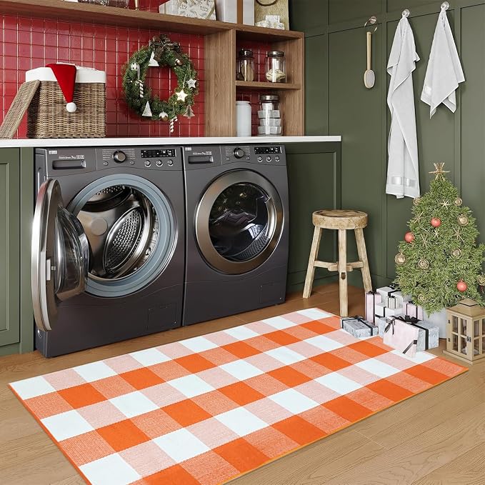 USTIDE Cotton Buffalo Plaid Rug Orange White Check Rugs 2'x4'3" Hand-Woven Indoor or Outdoor Rugs for Layered Door Mats Washable Carpet for Front Porch/Kitchen/Farmhouse/Entryway