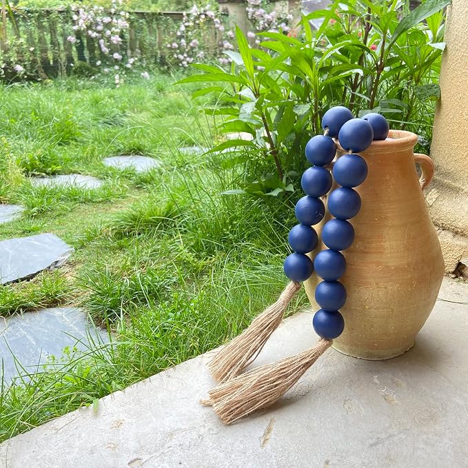 OMISHE 76" Long Extra Large Wood Bead Garland Navy Blue with 1.6" Diameter Wooden Beads and Tassels, Rustic Farmhouse Country Decorative Beads for Home Decor Tiered Tray Decor, Navy Blue