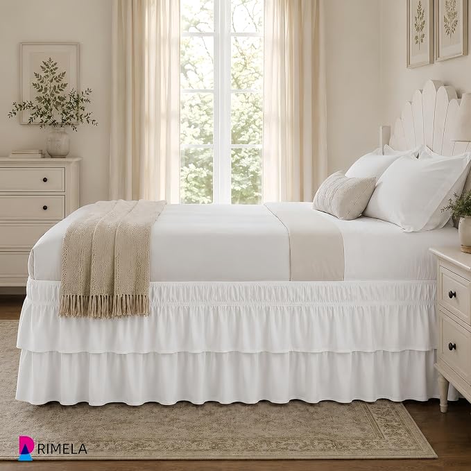 RIMELA Ruffle Bed Skirt Warm White King 18 Inch Drop, Elastic Wrap Around Bed Skirts King Size, Easy to Install Dust Ruffle, Machine Washable Soft Fabric, Multi Ruffle Bedskirt