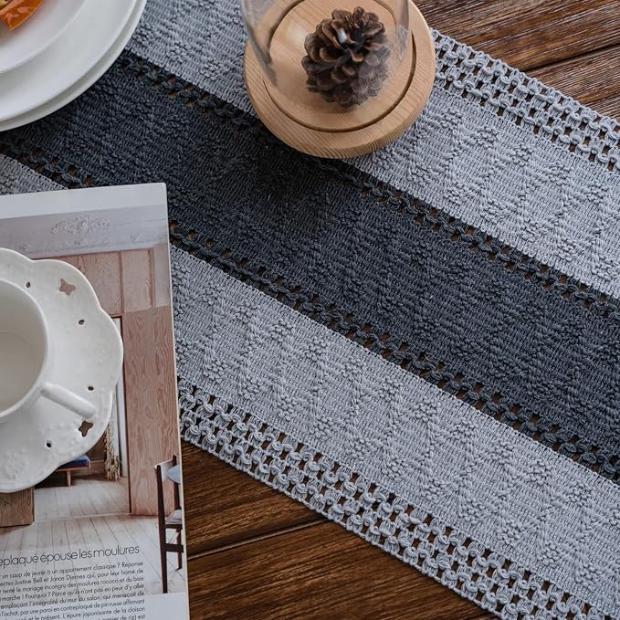Macrame Table Runner Grey Boho Table Runners with Tassels 12x48in | Alynsehom Hand Woven Cotton Table Runner Rustic Farmhouse Table Runners for Bohemian Kitchen Dining Table