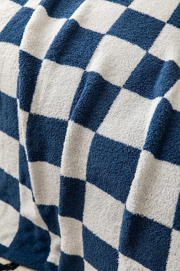 Ultra Soft Cozy Buffalo Checkerboard Grid Fluffy Microfiber Knitted Queen Blanket Super Soft Cozy Lightweight Fleece Checkered Bed Blanket for Sofa Couch Bed Travel (Navy, Queen：90"X90")