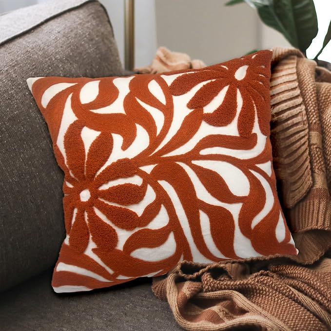 Alysheer Floral Embroidered Throw Pillow Cover 18"x18" 1pc, Burnt Orange