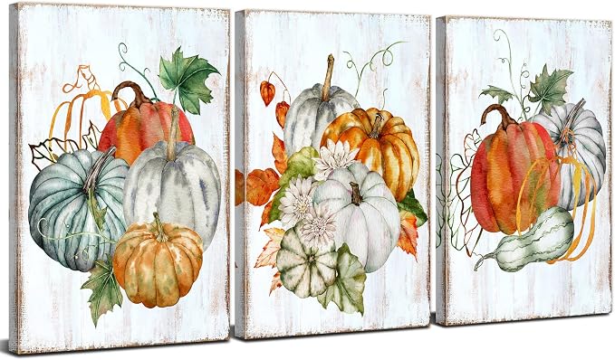 Large Pumpkins Wall Art Fall Decor Vintage Festival Wall Paintings Rustic Farmhouse Kitchen Decorations Autumn Maple Leaves Harvest Themed Wall Paintings Modern Halloween Posters Artworks 16x24" 3Pcs