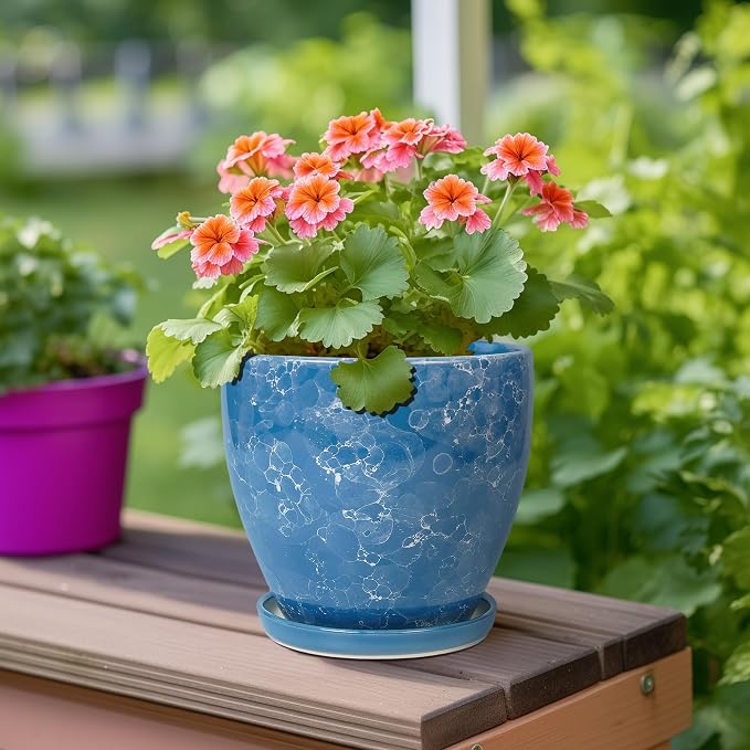 6 Inch Ceramic Plant Pot - Ceramic Planters Indoor, Blue | Round Decorative Planter with Drainage Hole and Saucer, Modern Planters, Desk Office Decor, Housewarming Gifts